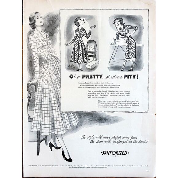 Vtg Sanforized Fabric Print Ad Retro 1940's Fashion Illustration Seamstress 1948 - Picture 1 of 1